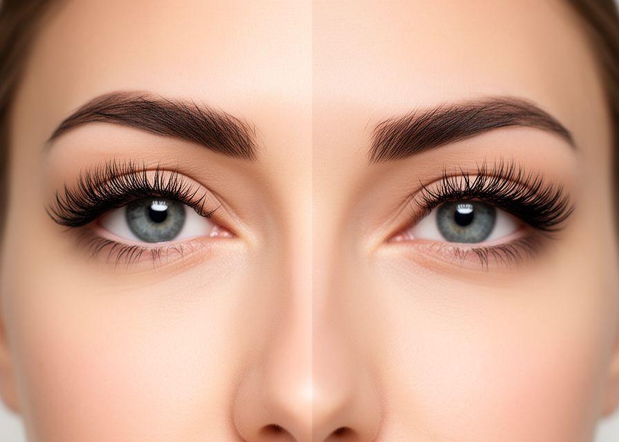 Vorher-nachher-Darstellung einer Wimpernverlängerung in einem Zürcher Beauty-Studio mit deutlich betonten Augen und natürlichem Finish