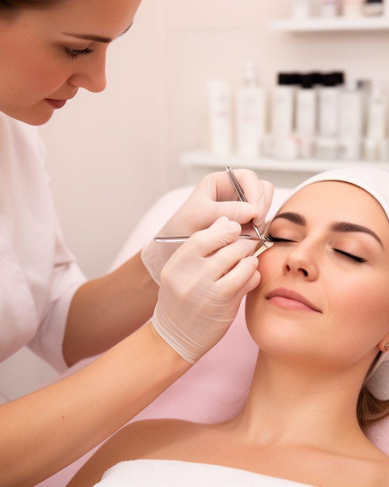 Zertifizierte Lash- und Brow-Stylistin in einem hellen Zürcher Studio beim präzisen Arbeiten an einer Wimpernbehandlung