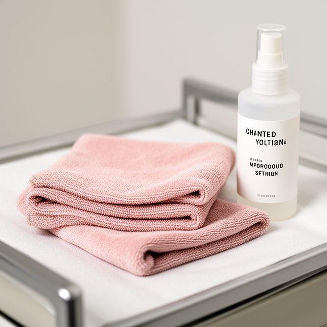 Mikrofaser-Wimperntücher ölfrei gefaltet neben einer Reinigungslösung auf einem eleganten Behandlungswagen